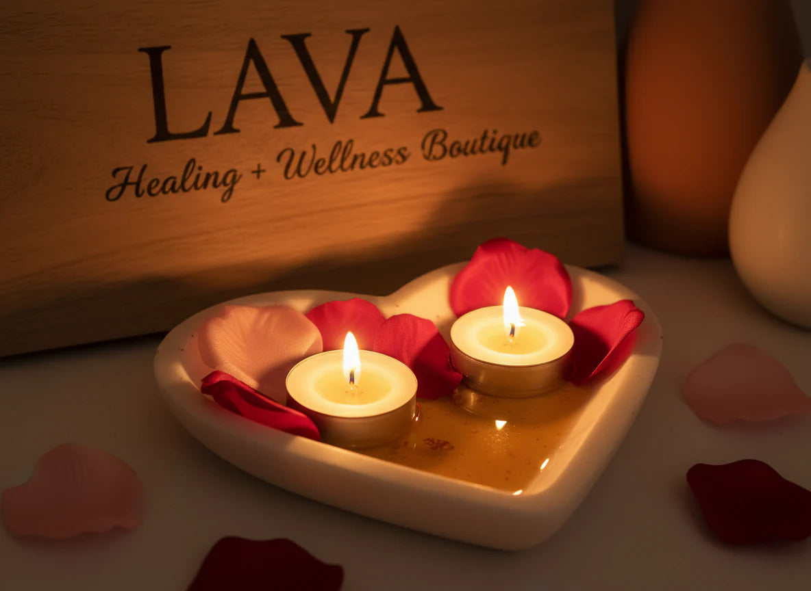 Two lit candles on heart-shaped holder with red petals
