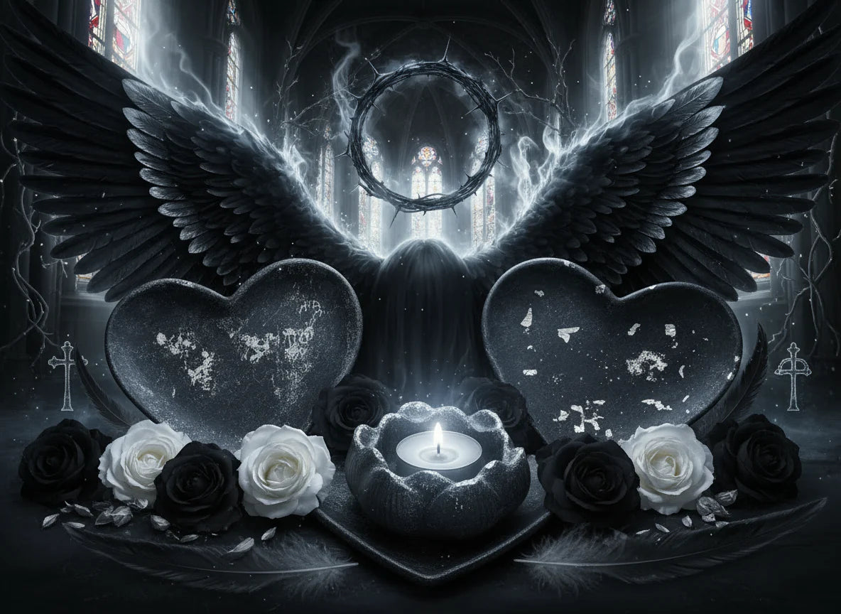 Dark artwork with heart-shaped holder in front of a gothic window.